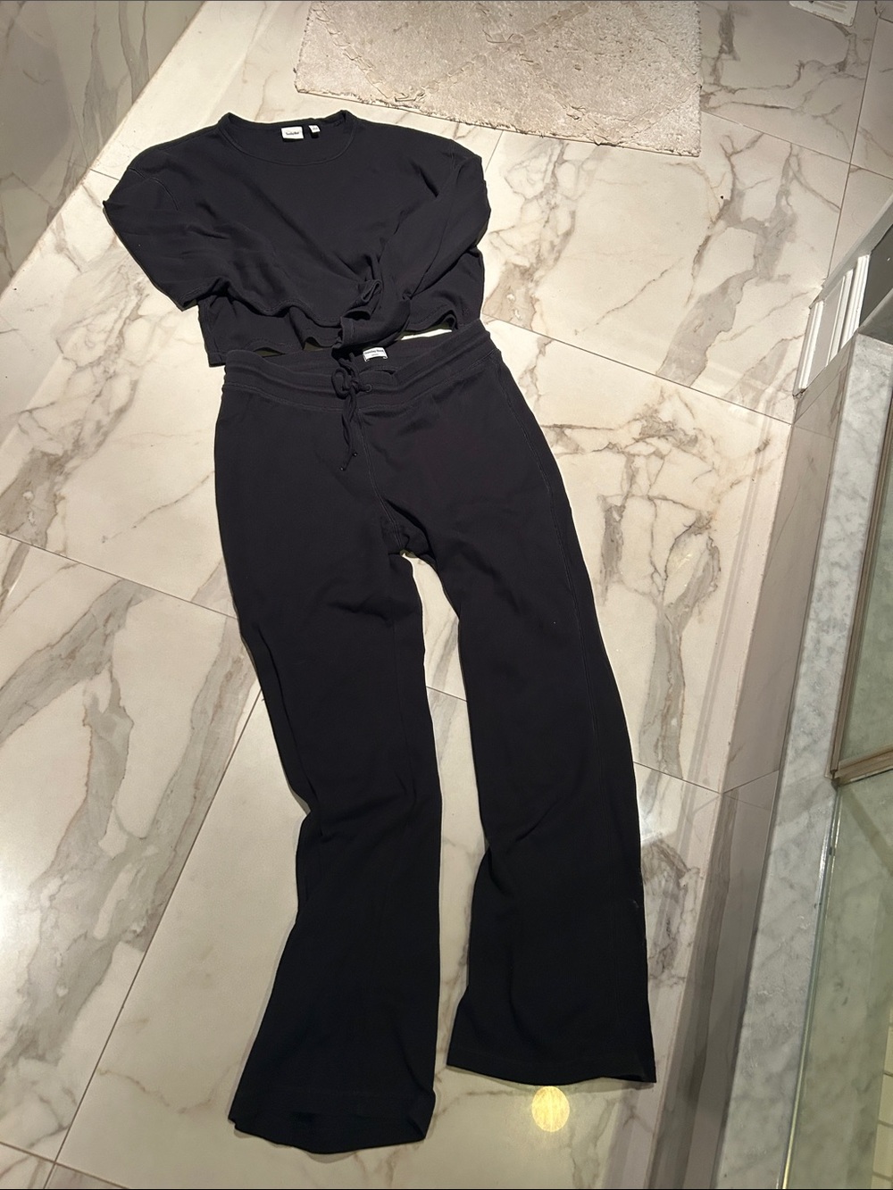 Aritzia Sunday Best Black Drawstring Waffle Flare Track Pants and top